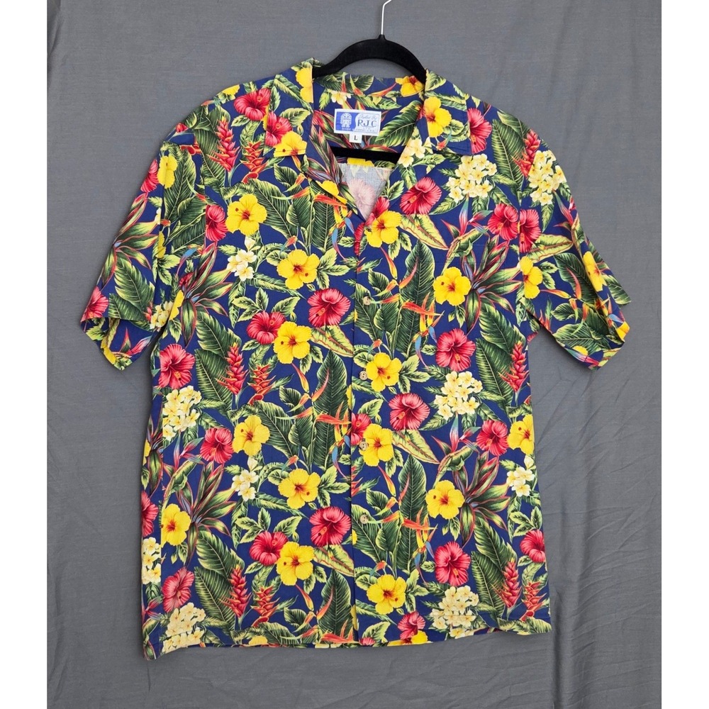 RJC Mens Hawaiian Shirt Large Blue Tropical Hibiscus Floral Made in Hawaii USA